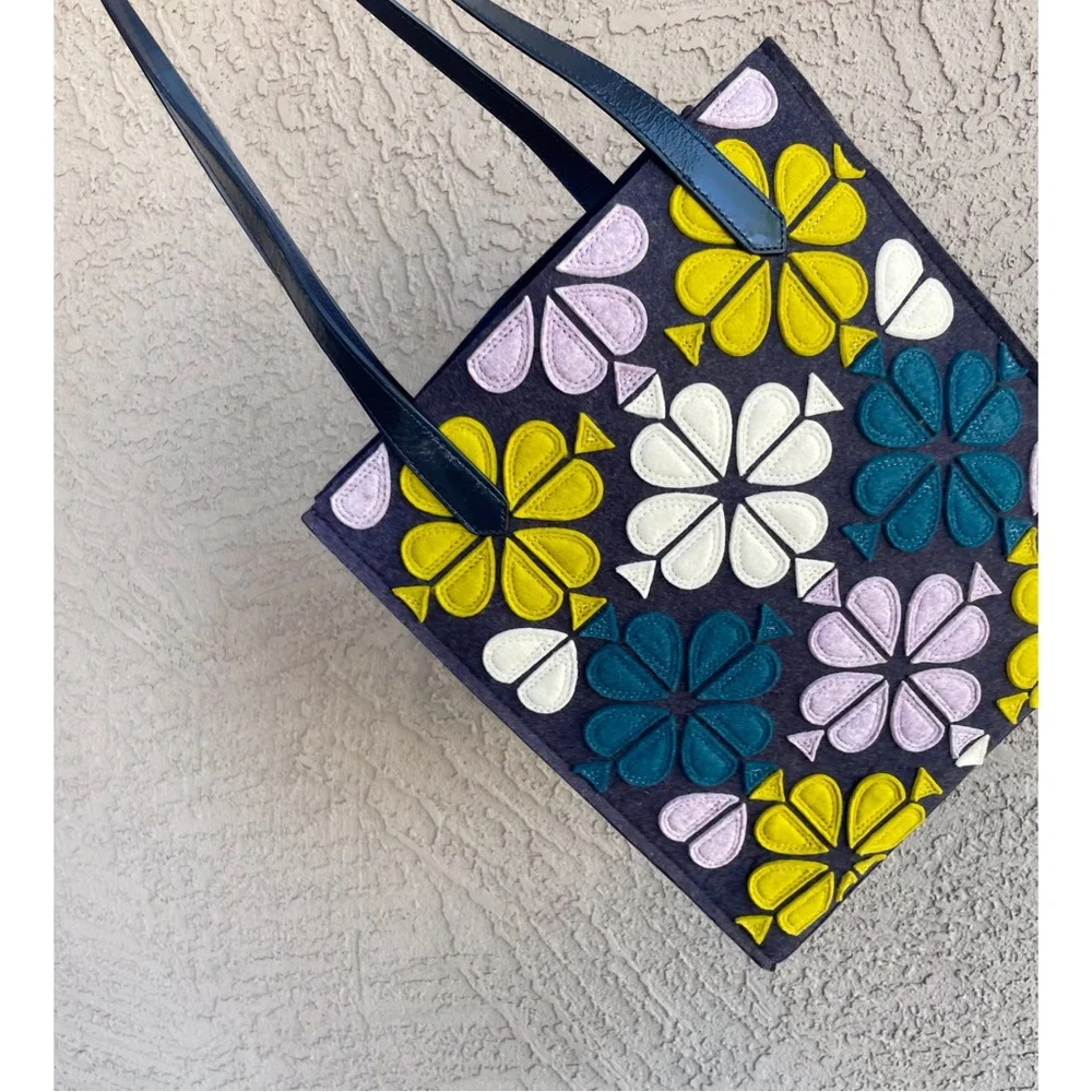 KATE SPADE Blue Purple Kitt North South Floral Felt Tote Bag & Matching Pouch